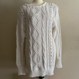 Elegant White Vintage Cable Knit Pearl Rhinestone Sweater